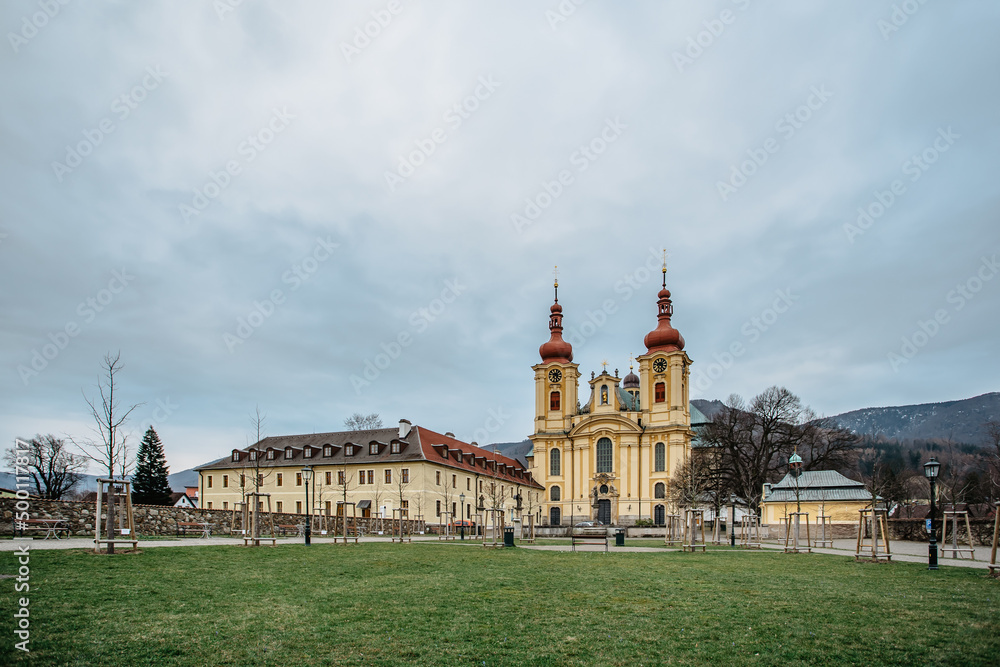 Hejnice Monastery,Czech Republic.Educational,Conference,Pilgrimage Center close to Libverda Spa Resort.Baroque church,Basilica of the Visitation of the Virgin Mary, with sculpture of the Black Mary