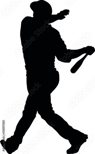 baseball batter player, also known as batsman - batman in motion to hit a pitcher's ball with the bat when teeing off. detailed realistic silhouette