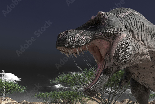tyrannosaurus found somothing on desert close up