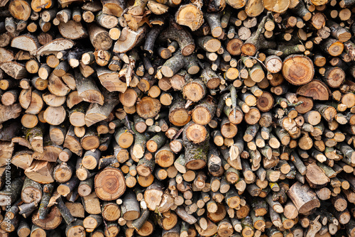 Stack of firewood - background for design. Ecological fuel  renewable energy source.