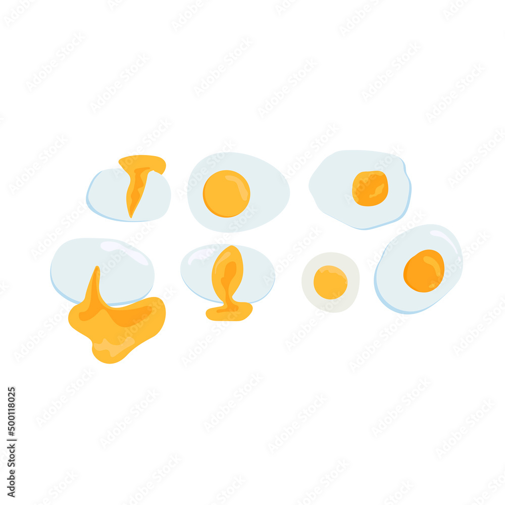 Eggs set, boiled and fried eggs, poached eggs. Elements, food ingredients. Eggs set, boiled and fried eggs, poached eggs. Elements, food ingredients.