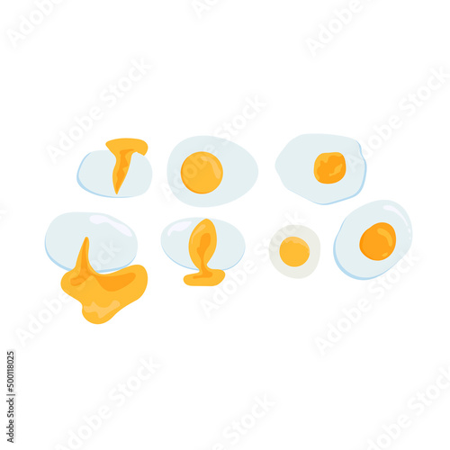 Eggs set, boiled and fried eggs, poached eggs. Elements, food ingredients.