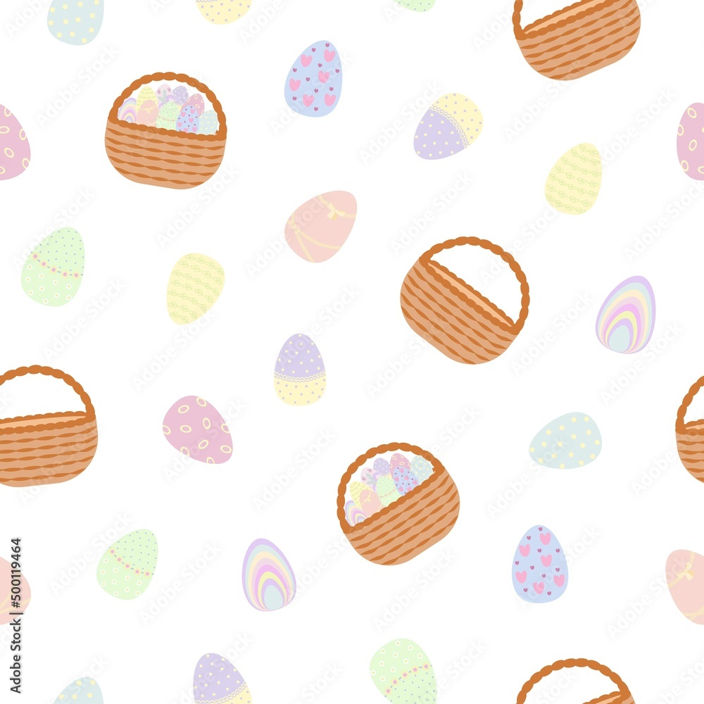 Easter basket with painted eggs, empty basket seamless pattern, simple vector illustration in flat style for spring festive period greeting cards, textile, gift paper, repeat ornament Easter basket with painted eggs, empty basket seamless pattern, simple vector illustration in flat style for spring festive period greeting cards, textile, gift paper, repeat ornament