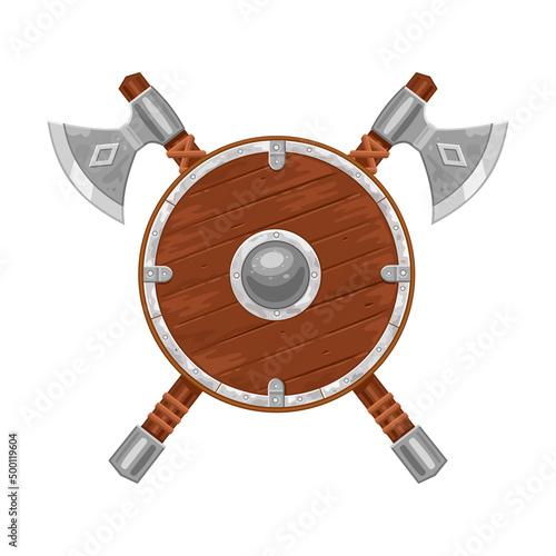 Two axes and viking shield isolated on white. Viking weapon. Vector illustration