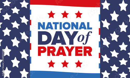 National Day of Prayer in United States. First Thursday of May. Annual day when Americans turn to God in prayer and meditation. Poster, card, banner and background. Vector illustration