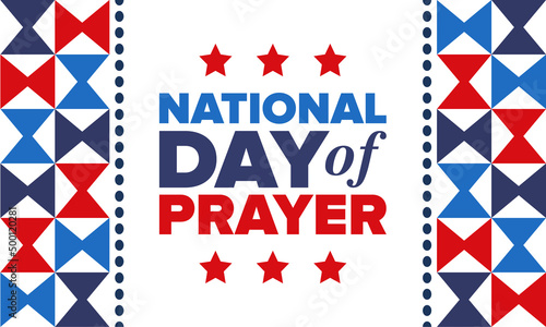 National Day of Prayer in United States. First Thursday of May. Annual day when Americans turn to God in prayer and meditation. Poster, card, banner and background. Vector illustration