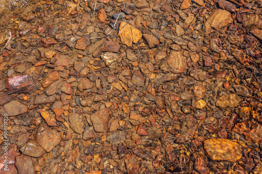 Nature background of clear water stream with motley stony bottom in sunlight. Colorful mountain stream texture with mineral water in bright sun. Pattern of sunlit multicolor stones in spring water. Nature background of clear water stream with motley stony bottom in sunlight. Colorful mountain stream texture with mineral water in bright sun. Pattern of sunlit multicolor stones in spring water.
