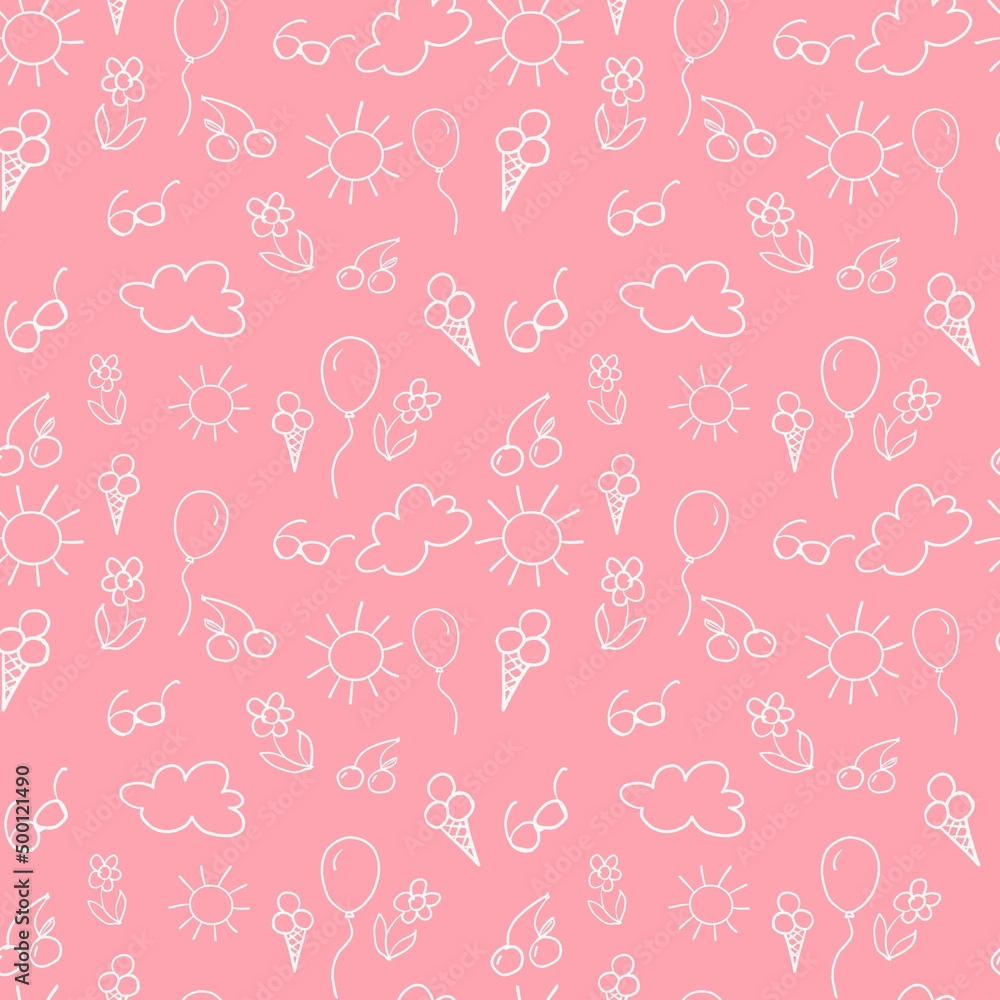 Cute summer line art doodle seamless pattern on pink background Cute summer line art doodle seamless pattern on pink background