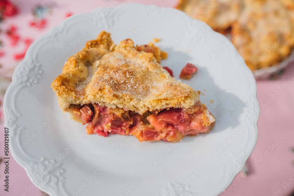 single slice of rhubarb pie on white plate, pink tablecloth with blue roses