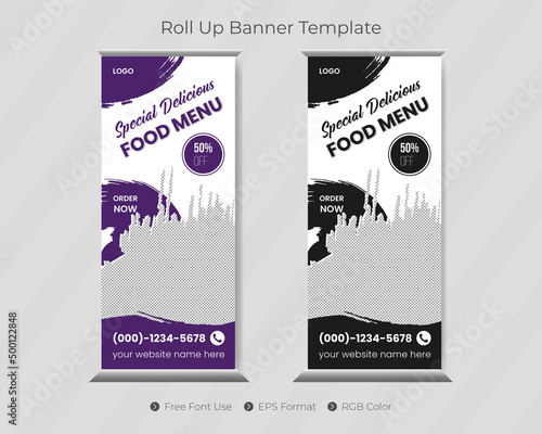 Fast food roll up banner template and restaurant menu design with pull up presentation
