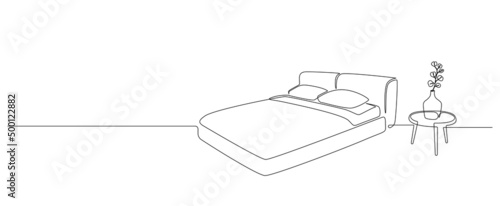 Continuous one line drawing of double bed and table with vase and plant. Scandinavian stylish home furniture for sleep bedroom in simple Linear style. Editable stroke. Doodle vector illustration