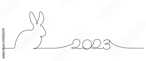 Continuous one line drawing of Bunny symbol of 2023 year. Fluffy rabbit silhouette with ears in simple linear style for winter design greeting card and web banner. Doodle Vector illustration © Olga Rai
