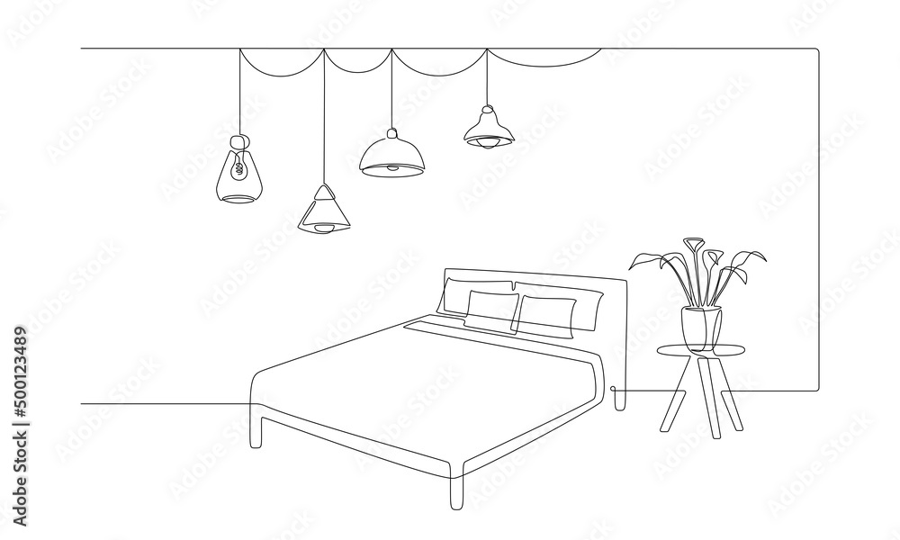 Continuous one line drawing of double bed and table with potted plant and hanging loft lamps. Scandinavian home furniture for sleep bedroom in simple linear style. Doodle Vector illustration