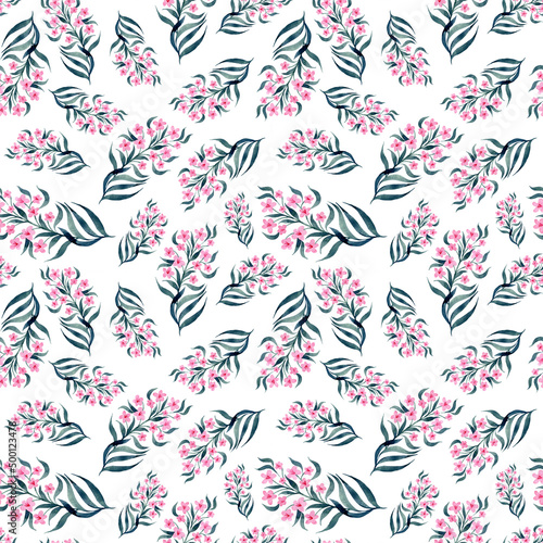 Seamless pattern of many wildflowers and leaves. It is well suited for wallpaper, fabric printing, wrapping paper, notebooks. © Vera