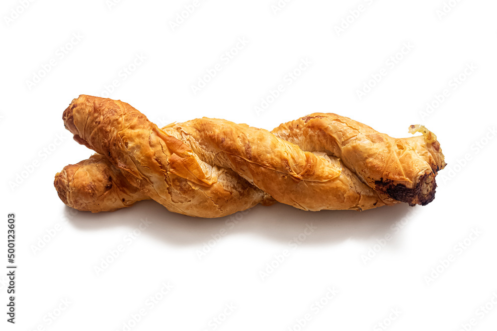 Braided bun with minced meat, braided in the form of a pigtail on white Braided bun with minced meat, braided in the form of a pigtail on white