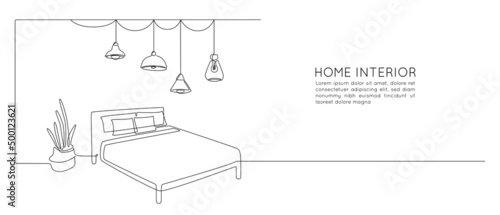 Continuous one line drawing of double bed and table with potted flor plant and hanging loft lamps. Scandinavian home furniture for sleep bedroom in simple linear style. Vector illustration