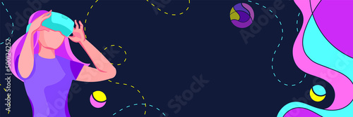 Wide banner with Girl holding virtual reality glasses immersed into metaverse. Leaderboard of profile header with copy space. Meta universe future cyber world technology. Editable vector