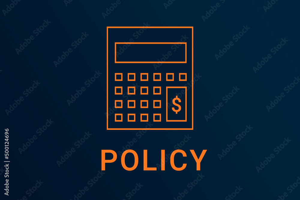 policy text. Calculator symbolizes economy. policy logo on dark background. Illustration policy . Financial screensaver. Minimalist orange calculator policy text. Calculator symbolizes economy. policy logo on dark background. Illustration policy . Financial screensaver. Minimalist orange calculator