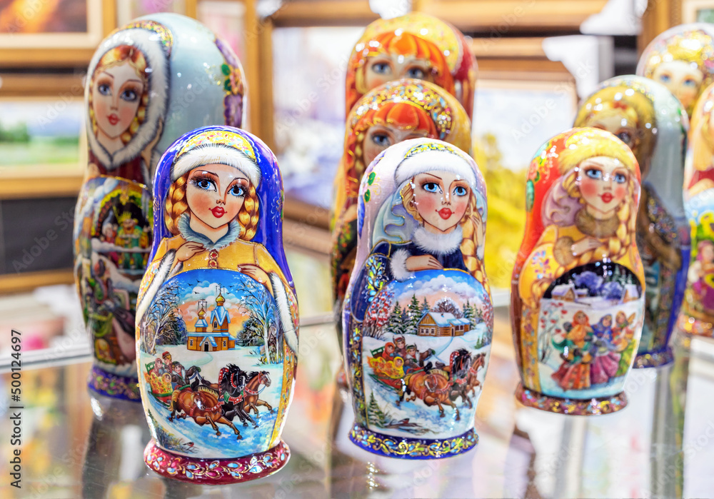 Russian nesting doll or matryoshka in the window of the gift shop.
