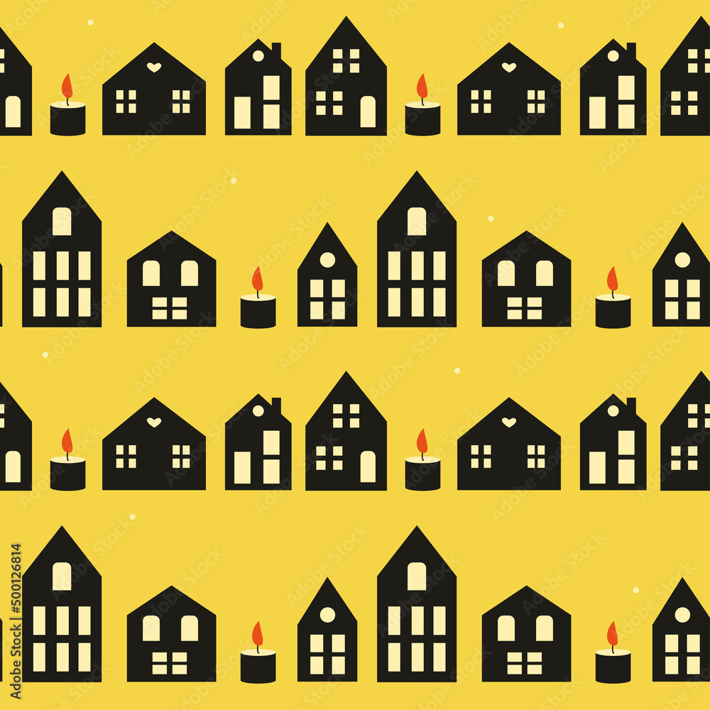 Seamless pattern with candles and decorative houses on yellow background. Modern design for fabric and paper, surface textures.