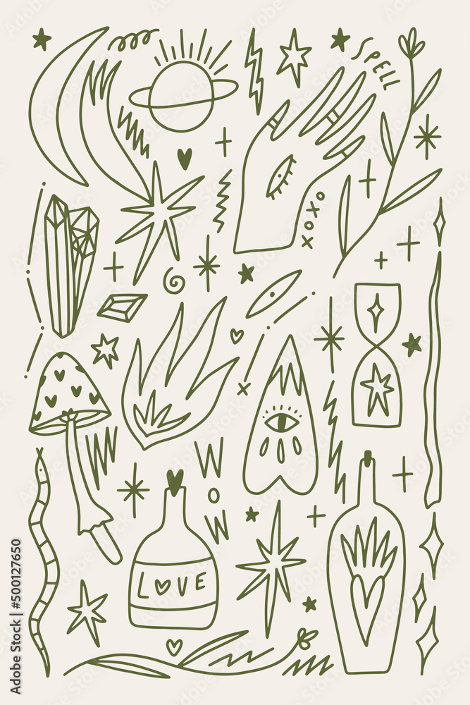 Vector collection of witchcraft cartoon elements green witch magic symbols set Vector collection of witchcraft cartoon elements green witch magic symbols set