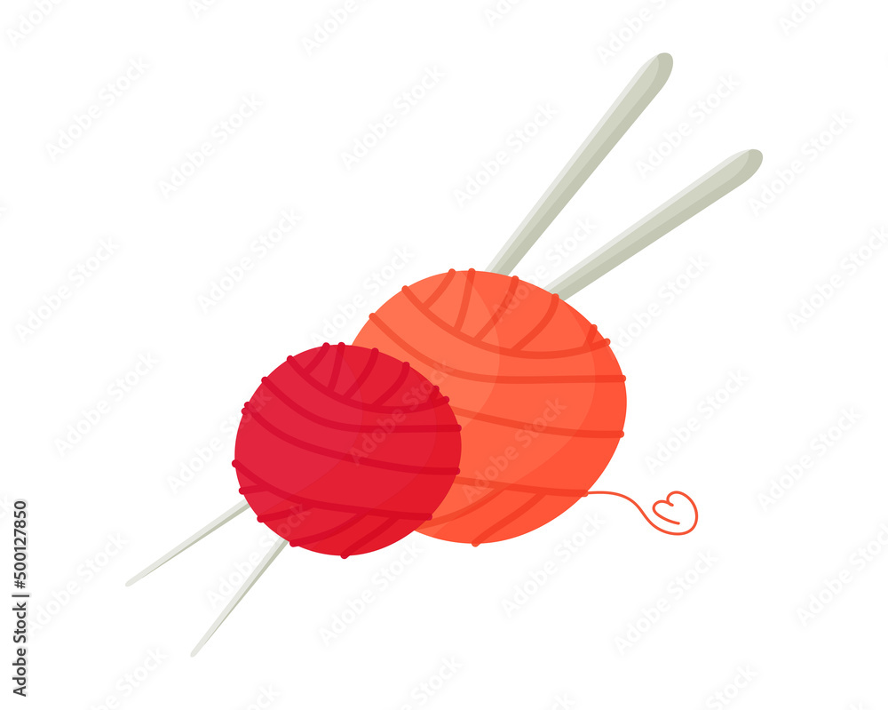 Vector illustration of wool yarn and knitting hooks. World Knitting Day in public. Favorite hobby. Cute and cartoon illustration. Handmade products, emblems, design Vector illustration of wool yarn and knitting hooks. World Knitting Day in public. Favorite hobby. Cute and cartoon illustration. Handmade products, emblems, design