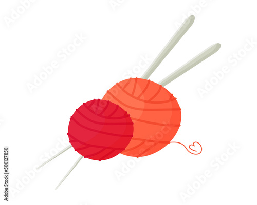 Vector illustration of wool yarn and knitting hooks. World Knitting Day in public. Favorite hobby. Cute and cartoon illustration. Handmade products, emblems, design