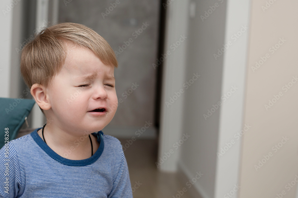 A small Caucasian handsome boy emotionally frowns his eyebrows in a home interior in a striped sweater. Close-up A small Caucasian handsome boy emotionally frowns his eyebrows in a home interior in a striped sweater. Close-up