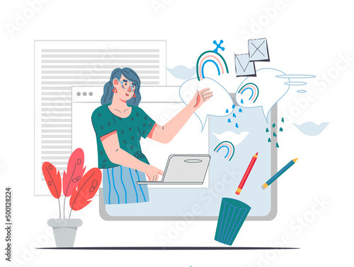 Woman works online, communicates with colleagues and manages the workflow. Home office concept, flat vector illustration isolated on white background.