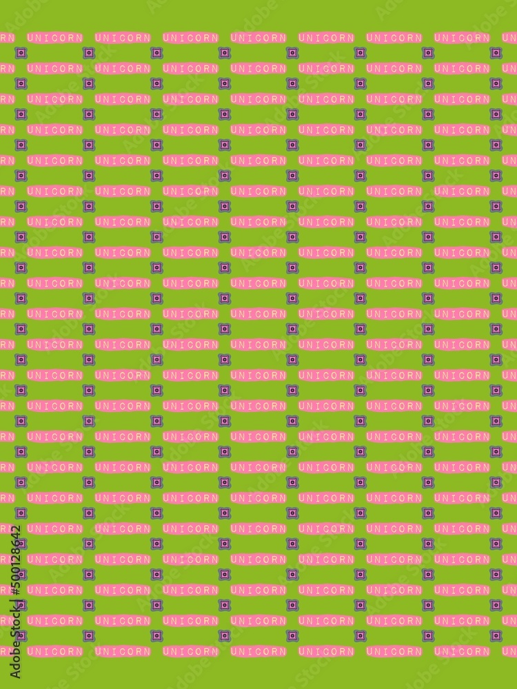 Abstract repeated pink rectangle with unicorn text on lime green color background Abstract repeated pink rectangle with unicorn text on lime green color background