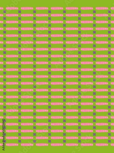 Abstract repeated pink rectangle with unicorn text on lime green color background 