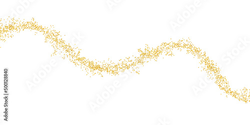 Slim horizontal wavy strip sprinkled with crumbs golden texture. Background Gold dust isolated on white. Particles grain or sand. Path pieces, jewelry design. Vector