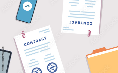 Contract closing agreement with paper and digital signature stamp flat vector illustration.