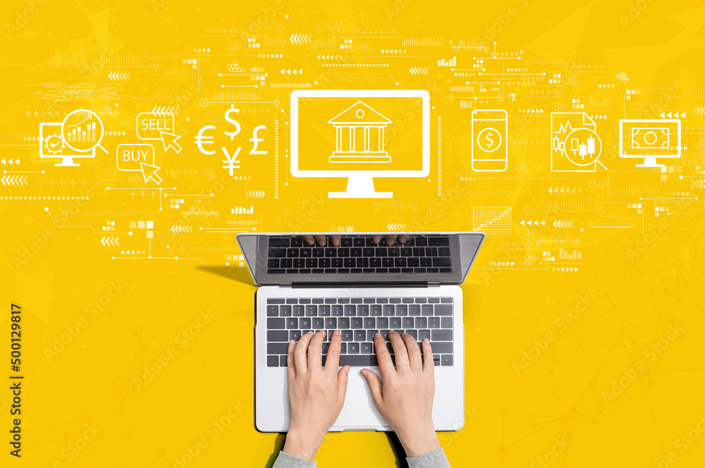 Fintech theme with person using a laptop computer - obrazy, fototapety, plakaty 