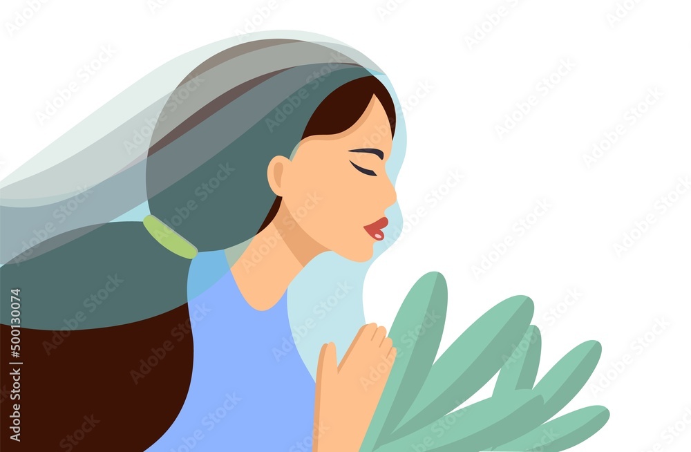 Cute sad girl is praying. Close-up silhouette of a beautiful woman. Pray for Ukraine. Vector isolated illustration with green leaves. Poster, postcard, banner with place for text. flat style. Cute sad girl is praying. Close-up silhouette of a beautiful woman. Pray for Ukraine. Vector isolated illustration with green leaves. Poster, postcard, banner with place for text. flat style.