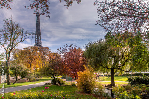 Paris, France - October 19, 2020: Beautiful Autumn colors in Trocadero Park with Eiffel Tower in background