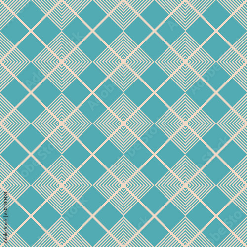 Vector geometric seamless pattern. Abstract blue and beige texture with squares, rhombuses, lines, grid, lattice, grill, net. Stylish checkered background. Retro vintage style repeat decorative design