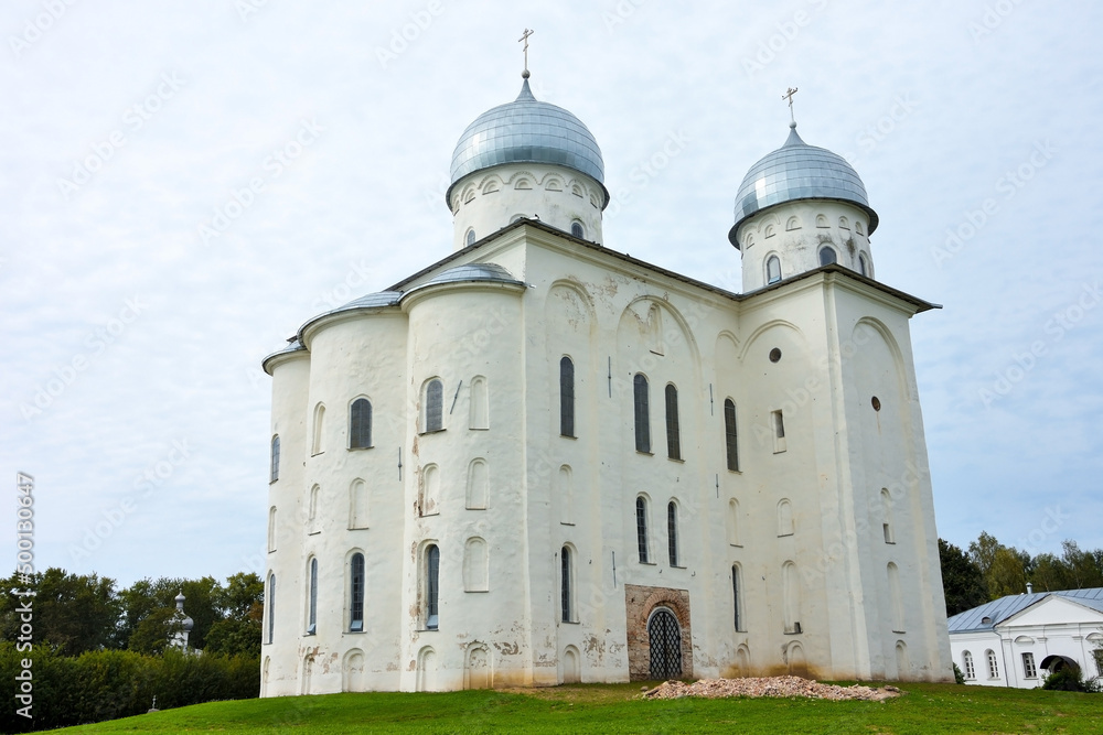 St. George's Cathedral of St. George's Monastery at the source of the Volkhov River, on the shore of Lake Ilmen. Veliky Novgorod, Russia