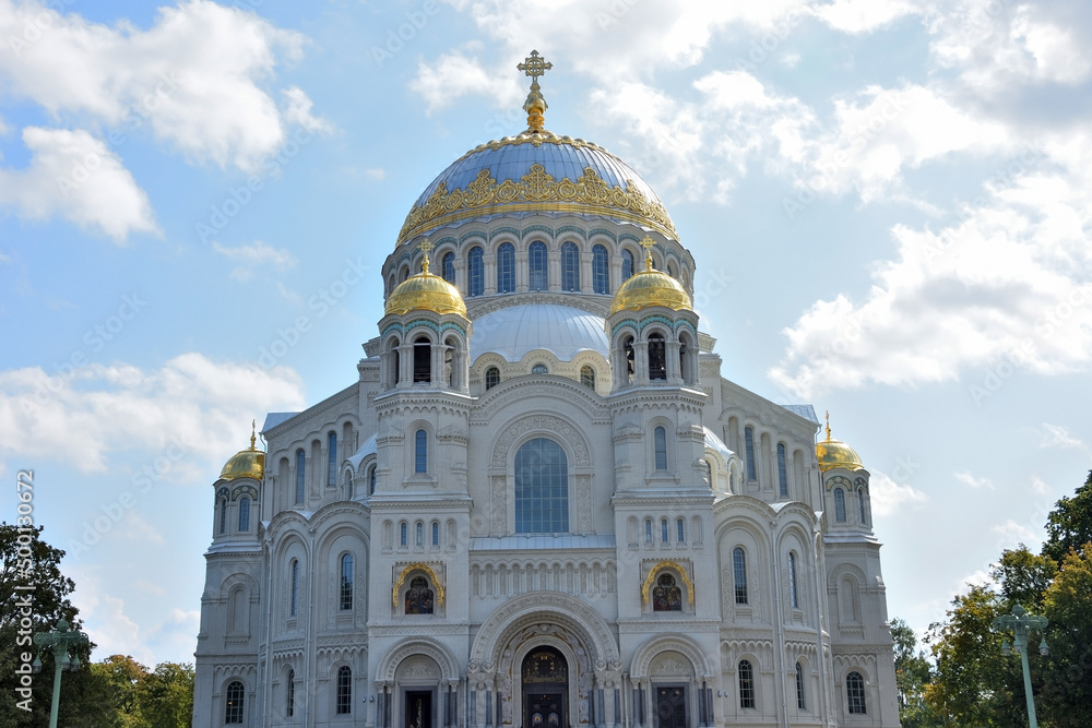 Orthodox cathedral of St. Nicholas in town Kronshtadt, Russia. Second name of cathedral is Orthodox cathedral of St. Nicholas in town Kronshtadt, Russia. Second name of cathedral is