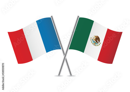 France and Mexico crossed flags. French and Mexican flags on white background. Vector icon set. Vector illustration.
