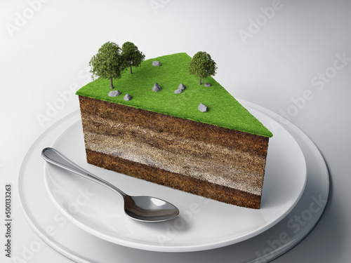 Land piece of cake with spoon and plate.Concept for land investments.3d rendering