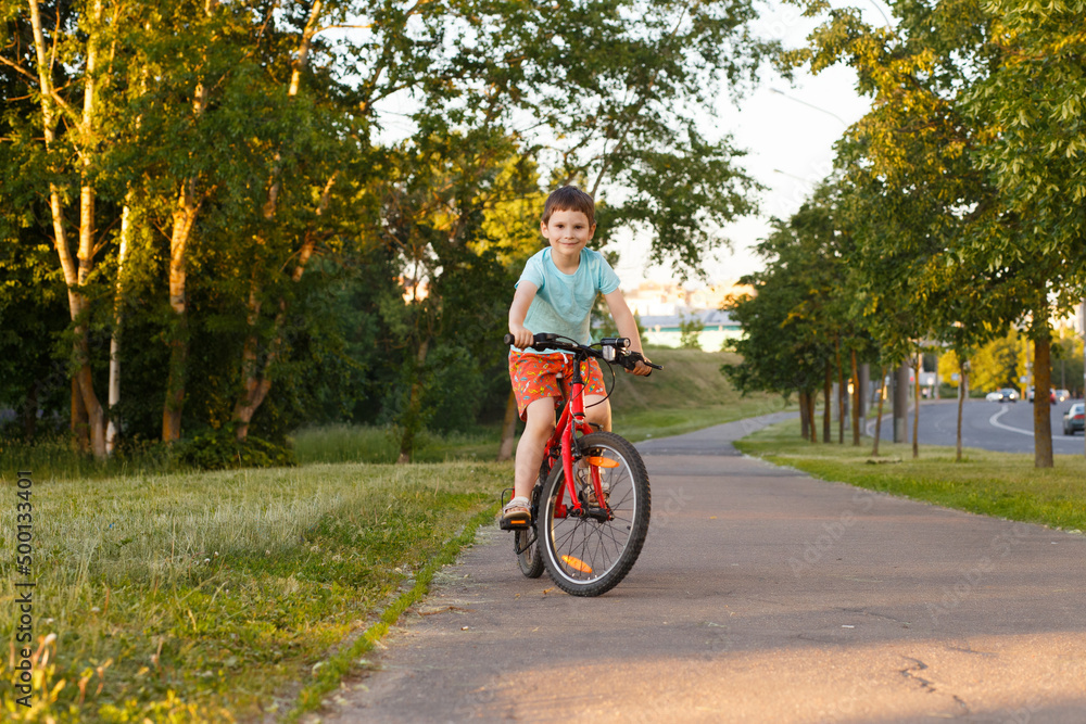 A 6-year-old boy rides a red bicycle along the path on a summer evening. Learned to ride a two-wheeled bicycle. Happy child.