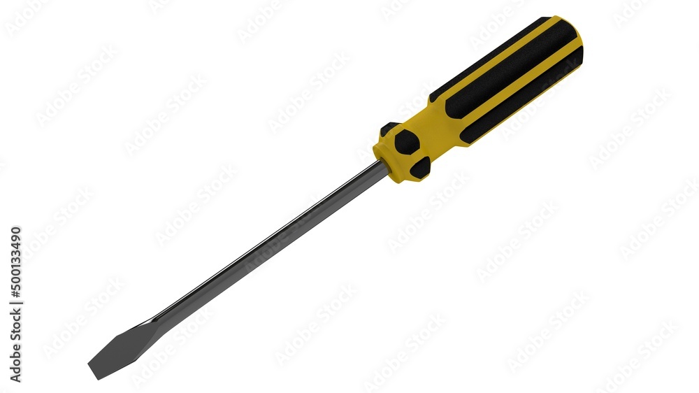 3d illustration. A beautiful view of yellow screwdriver on a white blackground. Work tool for repair and fix. 3d illustration. A beautiful view of yellow screwdriver on a white blackground. Work tool for repair and fix.