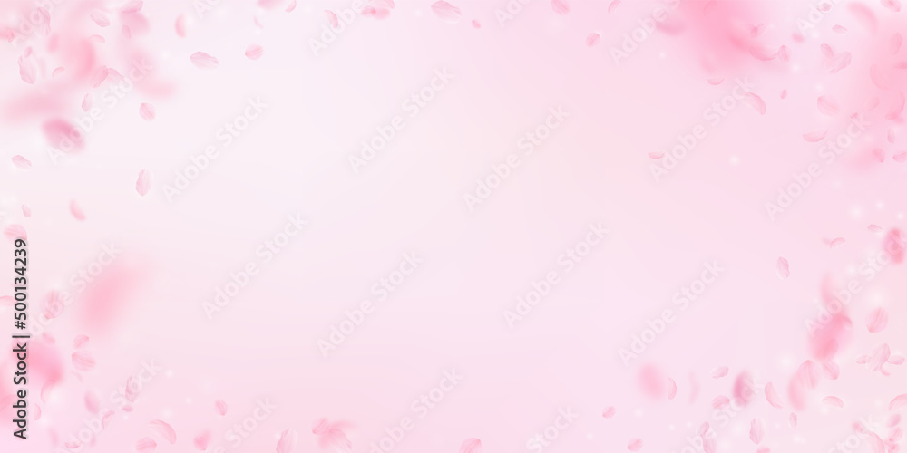 Sakura petals falling down. Romantic pink flowers vignette. Flying petals on pink wide background. Love, romance concept. Remarkable wedding invitation.