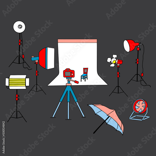 Bright vector illustration on the theme of photography. Photo studio.