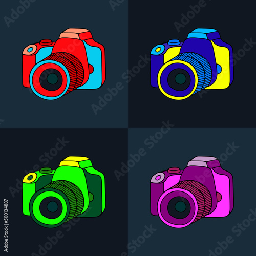 Vector illustration with a set of multicolored photo cameras.