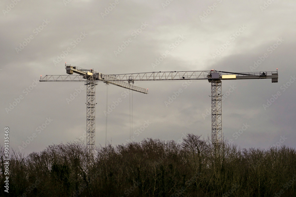 Two tall cranes over a forest park. Construction industry, Building residential property. Cloudy sky. Two tall cranes over a forest park. Construction industry, Building residential property. Cloudy sky.