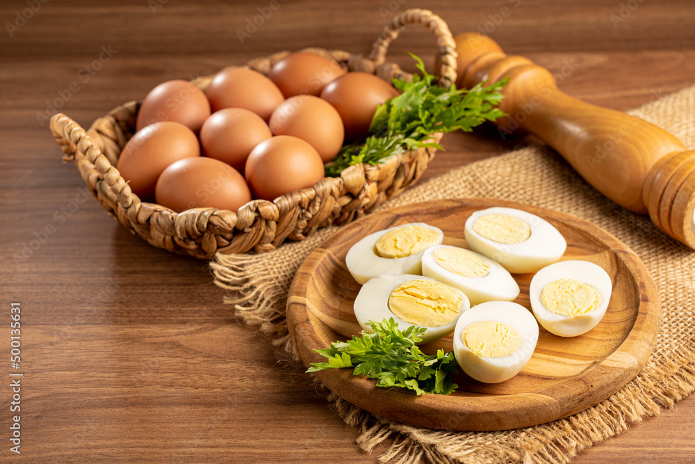 Sliced boiled eggs on the table. Sliced boiled eggs on the table.