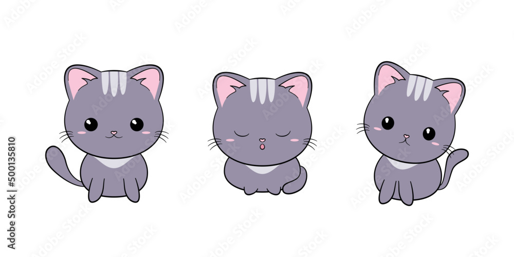 Zestaw trzech łaciatych kotków z dużymi głowami. Koty w różnych pozach - stojący, siedzący i leżący kot. - obrazy, fototapety, plakaty 
