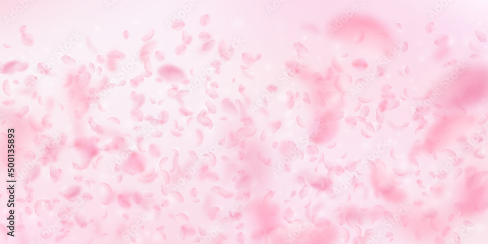 Sakura petals falling down. Romantic pink flowers gradient. Flying petals on pink wide background. Love, romance concept. Positive wedding invitation.